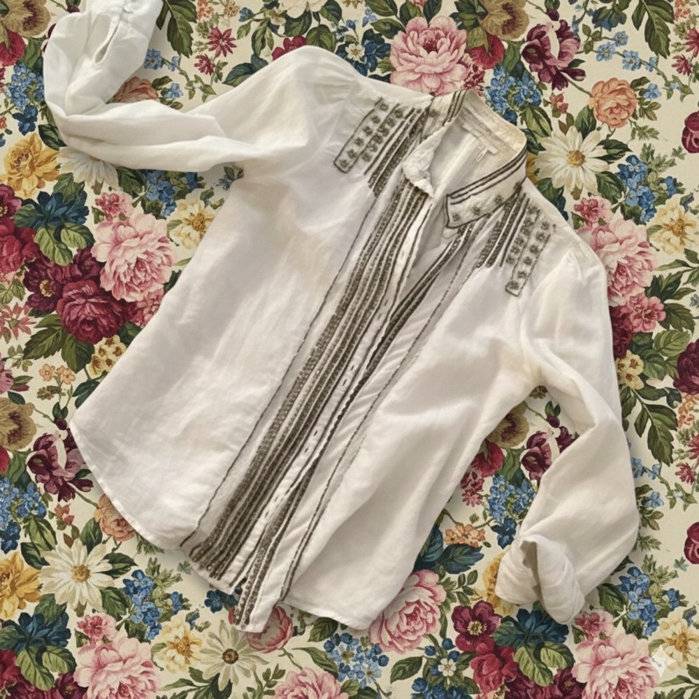White Linen/Cotton Button-Up Shirt with Embellishments PRICE REDUCED